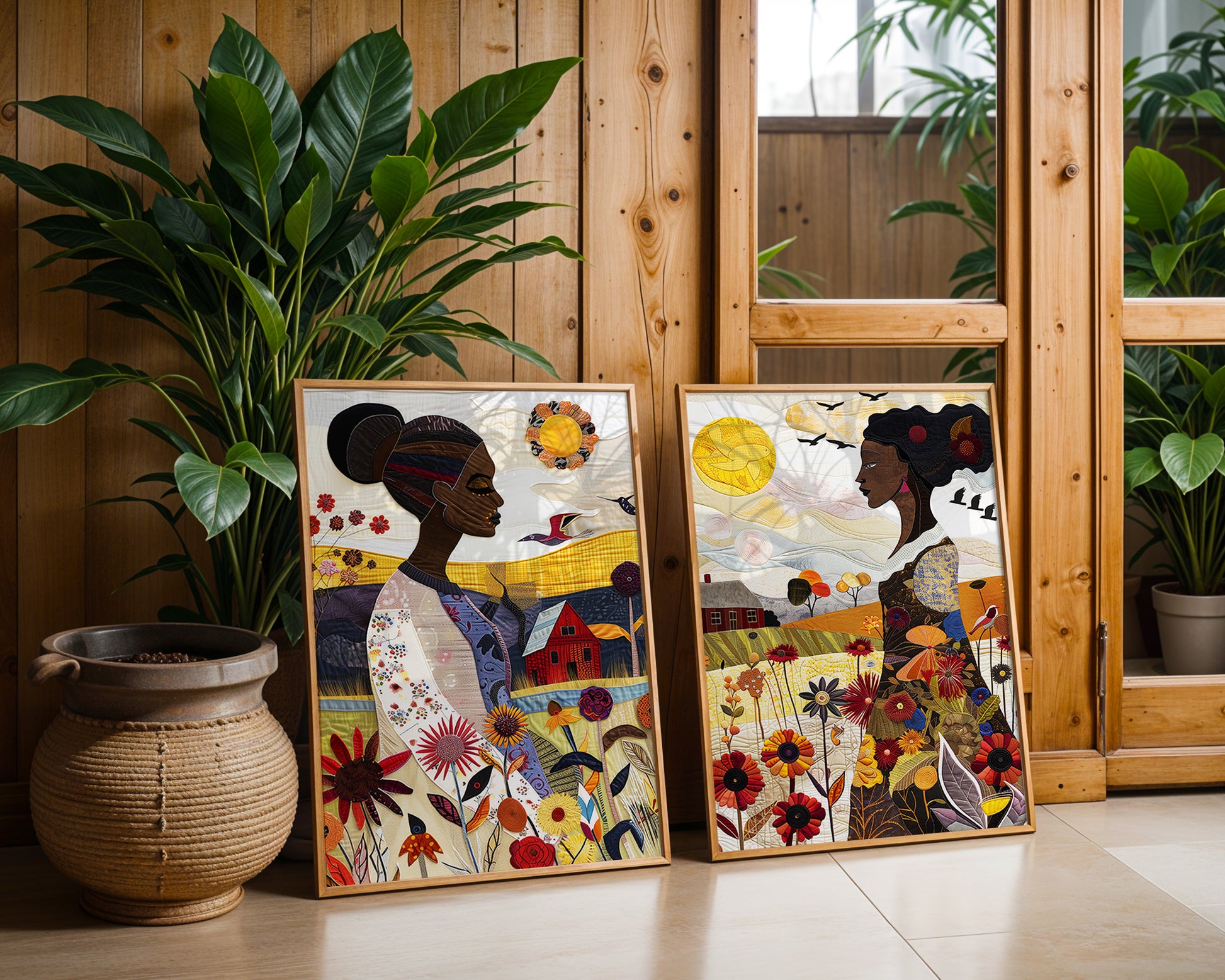 Art print featuring an African American woman in a vibrant garden surrounded by bold, colorful wildflowers. Inspired by quilt patterns and nature scenes, this piece celebrates Black femininity, gardening, and Afrocentric beauty.