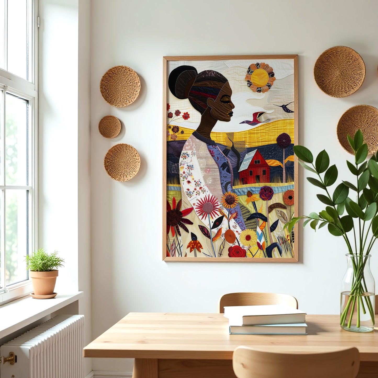 Art print featuring an African American woman in a vibrant garden surrounded by bold, colorful wildflowers. Inspired by quilt patterns and nature scenes, this piece celebrates Black femininity, gardening, and Afrocentric beauty.