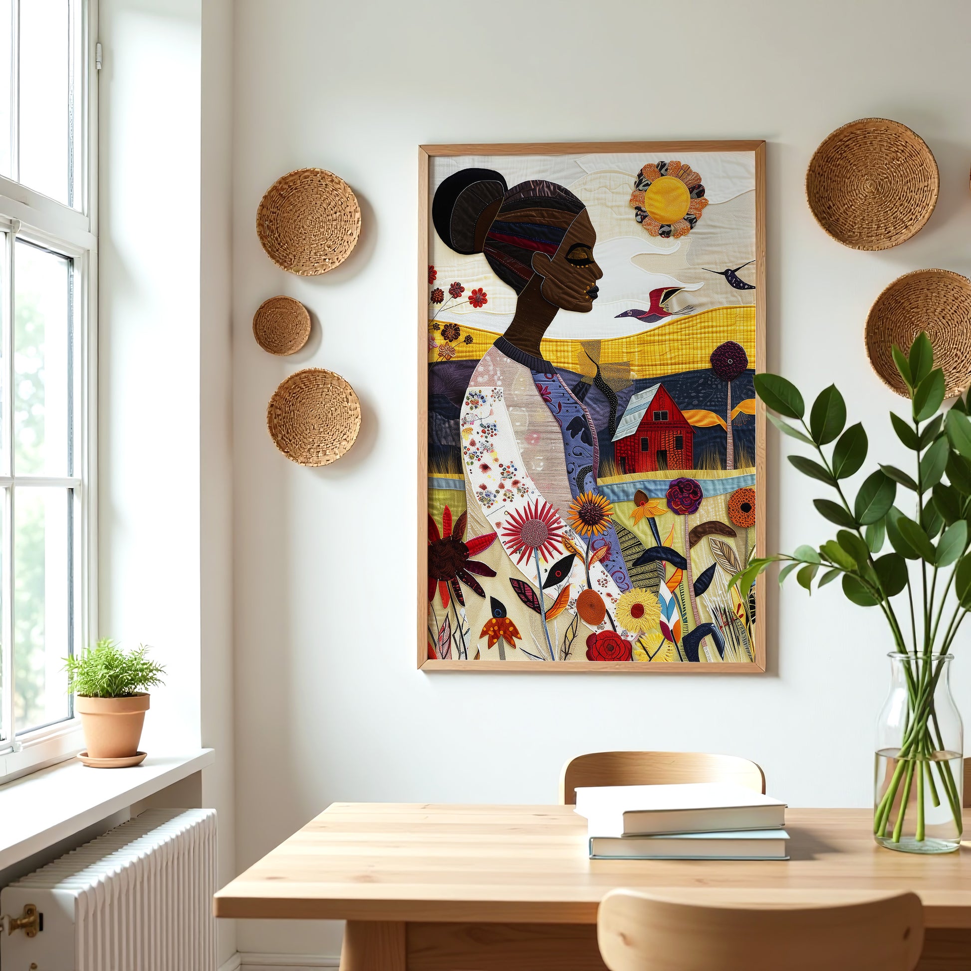 Art print featuring an African American woman in a vibrant garden surrounded by bold, colorful wildflowers. Inspired by quilt patterns and nature scenes, this piece celebrates Black femininity, gardening, and Afrocentric beauty.