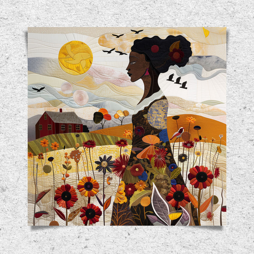 Black Woman Garden Art Print featuring an African American woman surrounded by colorful wildflowers in a quilt-inspired floral design. Afrocentric wall art celebrating nature, beauty, and Black femininity.