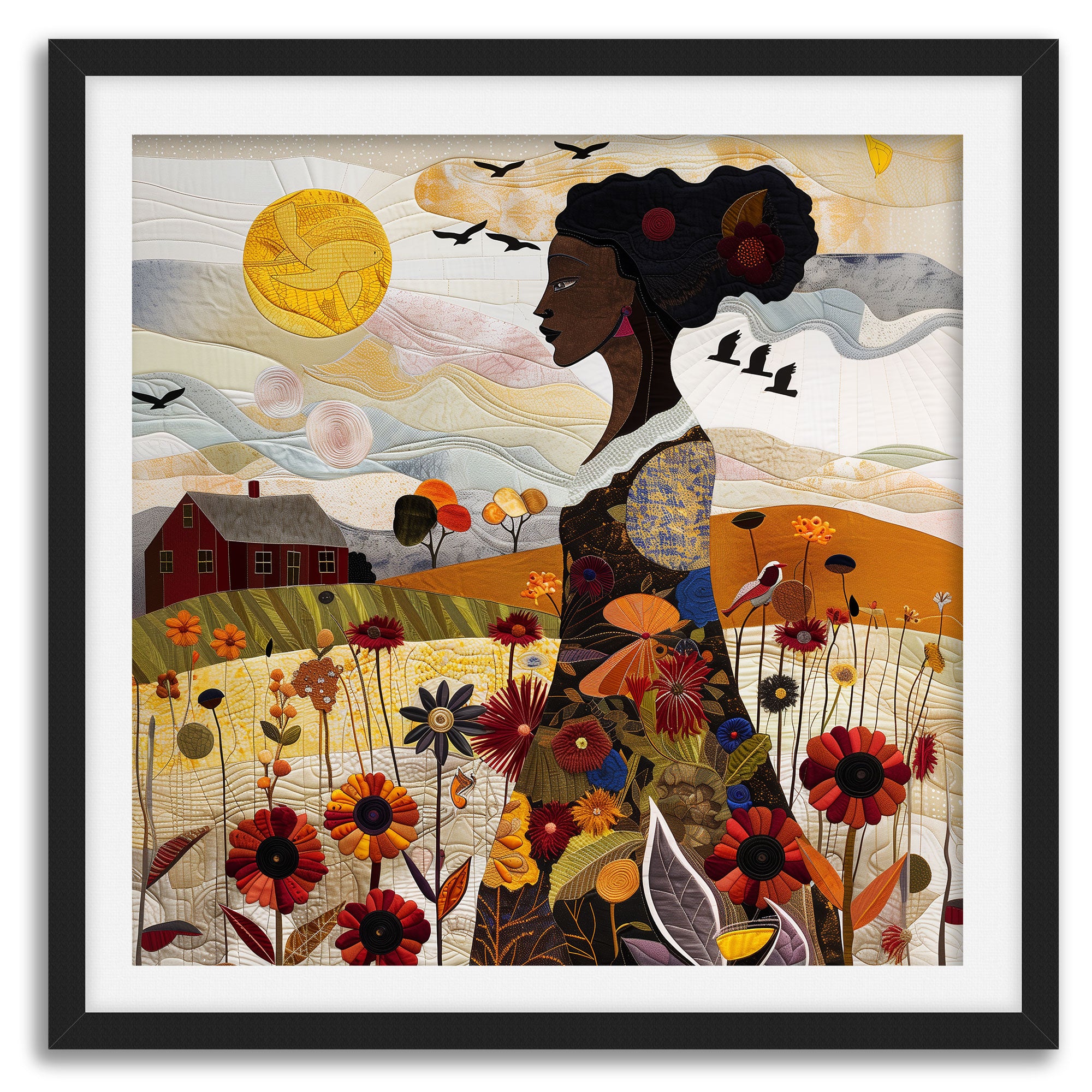 Black Woman Garden Art Print featuring an African American woman surrounded by colorful wildflowers in a quilt-inspired floral design. Afrocentric wall art celebrating nature, beauty, and Black femininity.