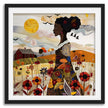 Black Woman Garden Art Print featuring an African American woman surrounded by colorful wildflowers in a quilt-inspired floral design. Afrocentric wall art celebrating nature, beauty, and Black femininity.