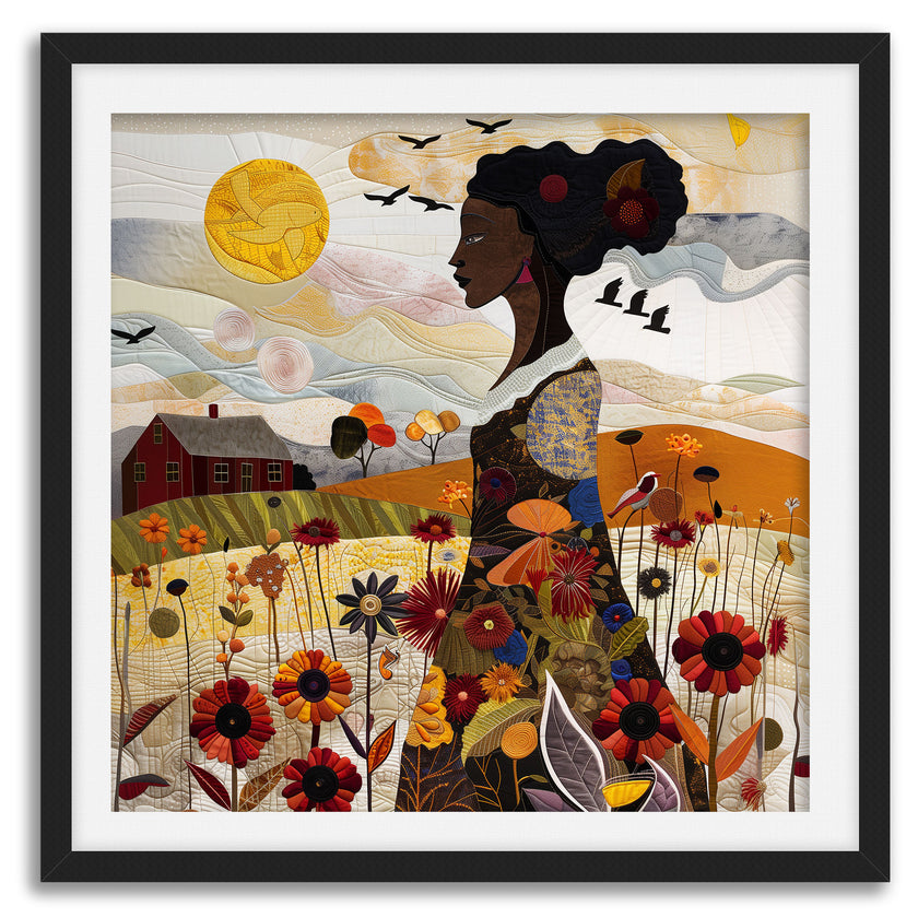 Black Woman Garden Art Print featuring an African American woman surrounded by colorful wildflowers in a quilt-inspired floral design. Afrocentric wall art celebrating nature, beauty, and Black femininity.