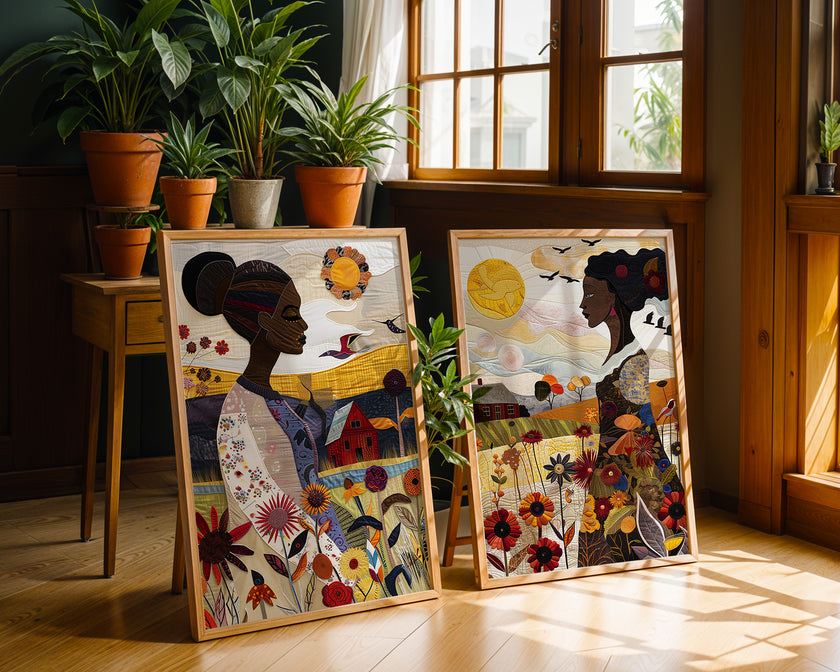 Black Woman Garden Art Print featuring an African American woman surrounded by colorful wildflowers in a quilt-inspired floral design. Afrocentric wall art celebrating nature, beauty, and Black femininity.