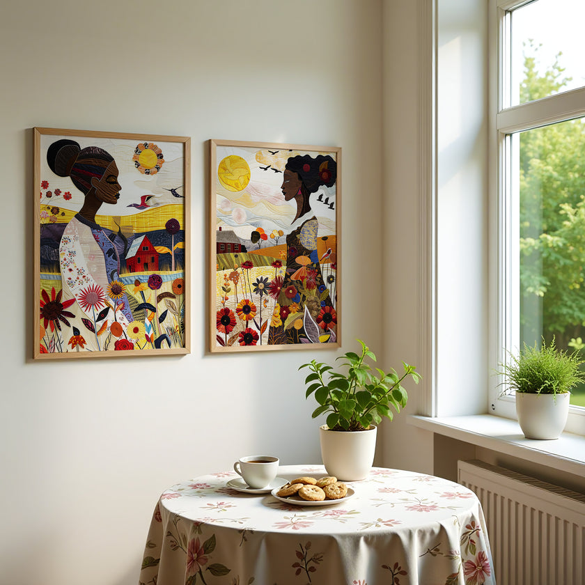 Black Woman Garden Art Print featuring an African American woman surrounded by colorful wildflowers in a quilt-inspired floral design. Afrocentric wall art celebrating nature, beauty, and Black femininity.