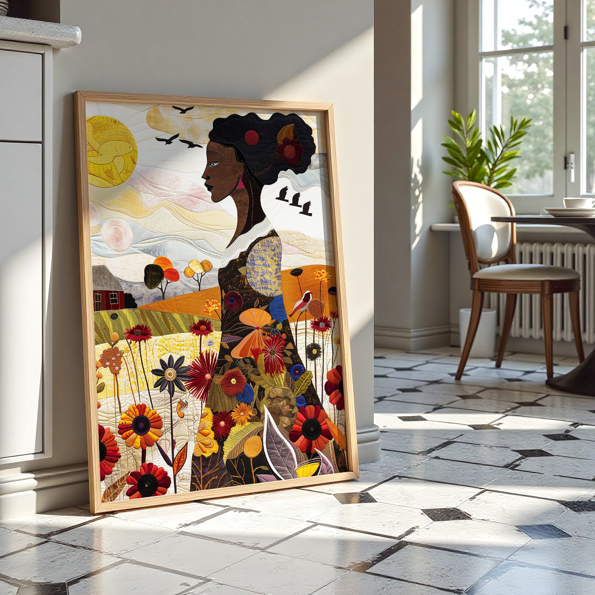 Black Woman Garden Art Print featuring an African American woman surrounded by colorful wildflowers in a quilt-inspired floral design. Afrocentric wall art celebrating nature, beauty, and Black femininity.