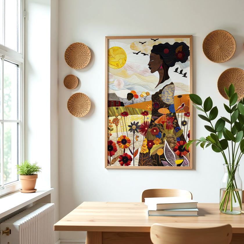 Black Woman Garden Art Print featuring an African American woman surrounded by colorful wildflowers in a quilt-inspired floral design. Afrocentric wall art celebrating nature, beauty, and Black femininity.