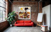 Black Woman Garden Art Print featuring an African American woman surrounded by colorful wildflowers in a quilt-inspired floral design. Afrocentric wall art celebrating nature, beauty, and Black femininity.
