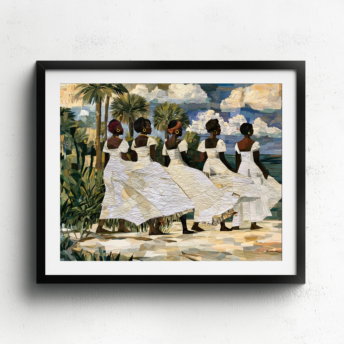 Framed fine art print depicting Afrocentric Gullah Geechee women dressed in white faux quilt-style patter dresses celebrating Black Lowcountry coastal heritage, African American ancestry, cultural traditions, family, community, and life rooted by the sea. 