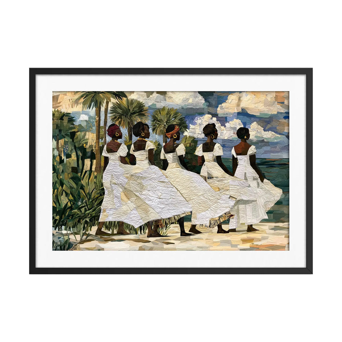 Framed fine art print depicting Afrocentric Gullah Geechee women dressed in white faux quilt-style patter dresses celebrating Black Lowcountry coastal heritage, African American ancestry, cultural traditions, family, community, and life rooted by the sea. 