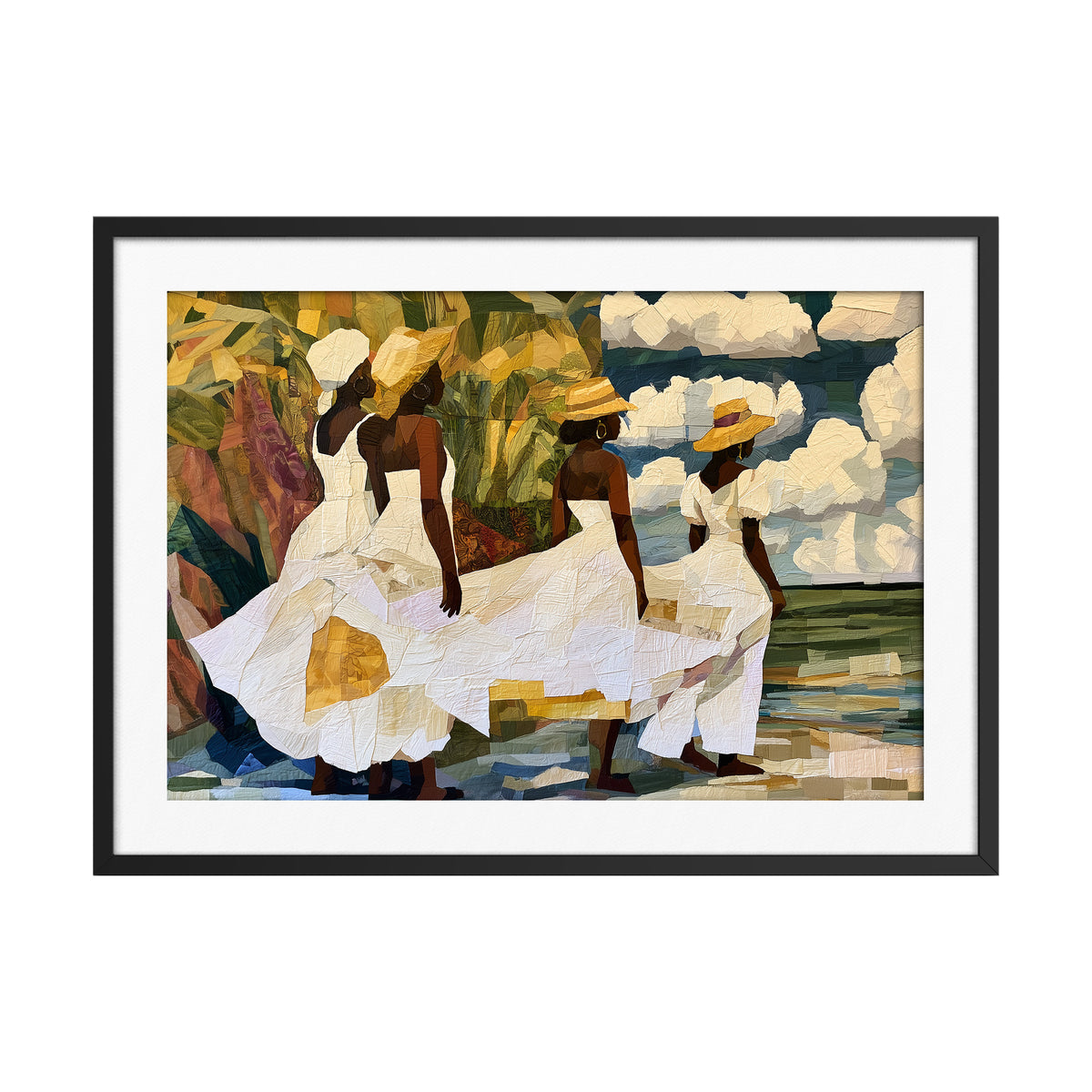 Framed fine art print depicting Afrocentric Gullah Geechee women dressed in white faux quilt-style patter dresses celebrating Black Low Country coastal heritage, African American ancestry, cultural traditions, family, community, and life rooted by the sea.  Placed on a white background.