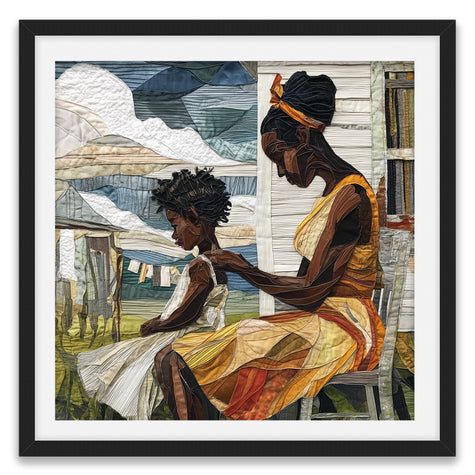 Black mother braiding her daughter’s natural hair in an intimate home setting, Afrocentric art print showcasing hair care ritual, protective styling, and generational bonding.