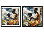 Black mother braiding her daughter’s natural hair in an intimate home setting, Afrocentric art print showcasing hair care ritual, protective styling, and generational bonding.