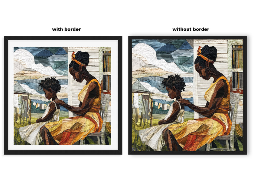 Black mother braiding her daughter’s natural hair in an intimate home setting, Afrocentric art print showcasing hair care ritual, protective styling, and generational bonding.