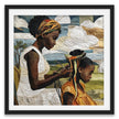 Black mother braiding her daughter’s natural hair outside under a sunny day.  Afrocentric art print showcasing hair care ritual, protective styling, and generational bonding.