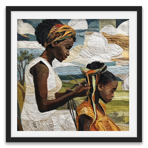 Black mother braiding her daughter’s natural hair outside under a sunny day.  Afrocentric art print showcasing hair care ritual, protective styling, and generational bonding.