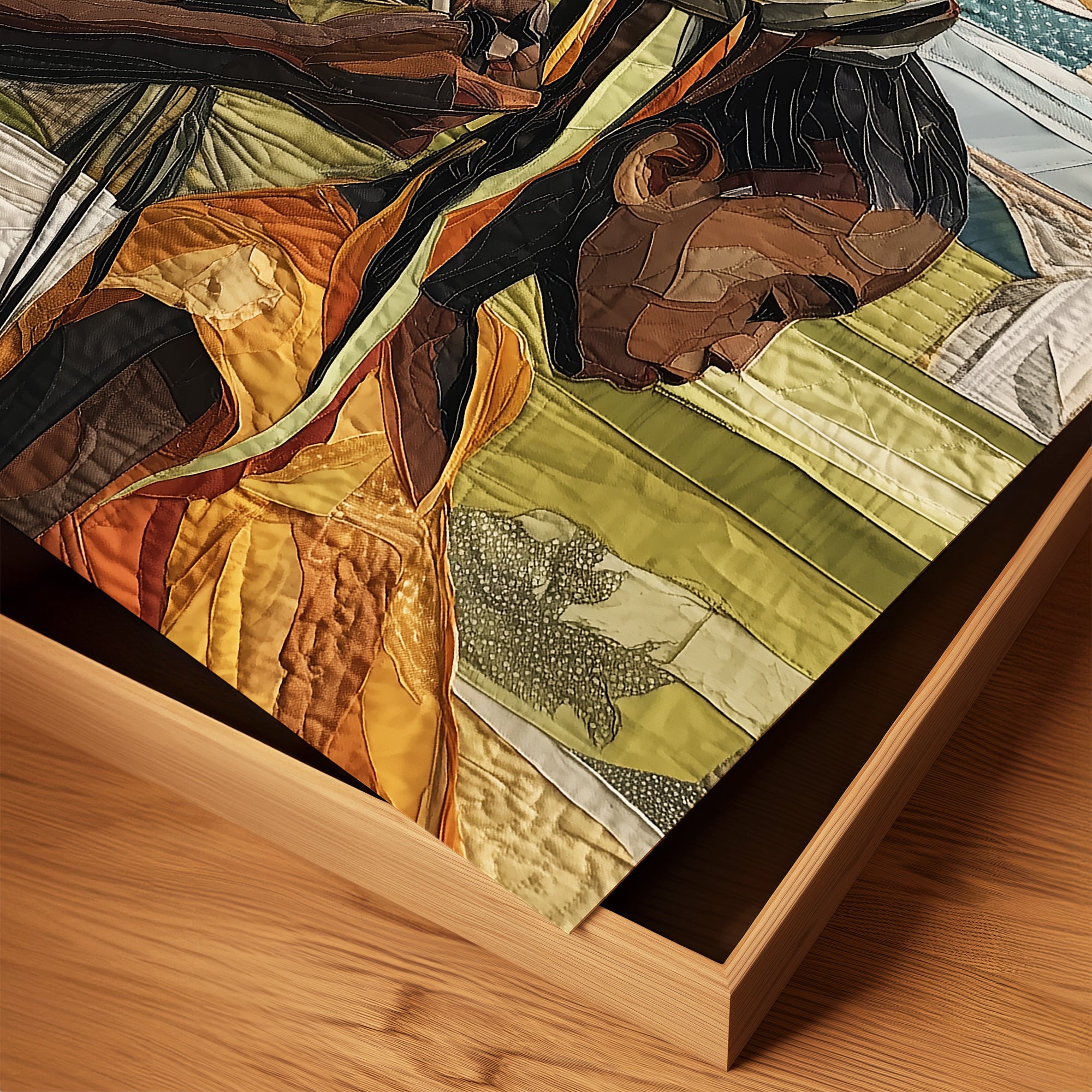 Black mother braiding her daughter’s natural hair outside under a sunny day.  Afrocentric art print showcasing hair care ritual, protective styling, and generational bonding.