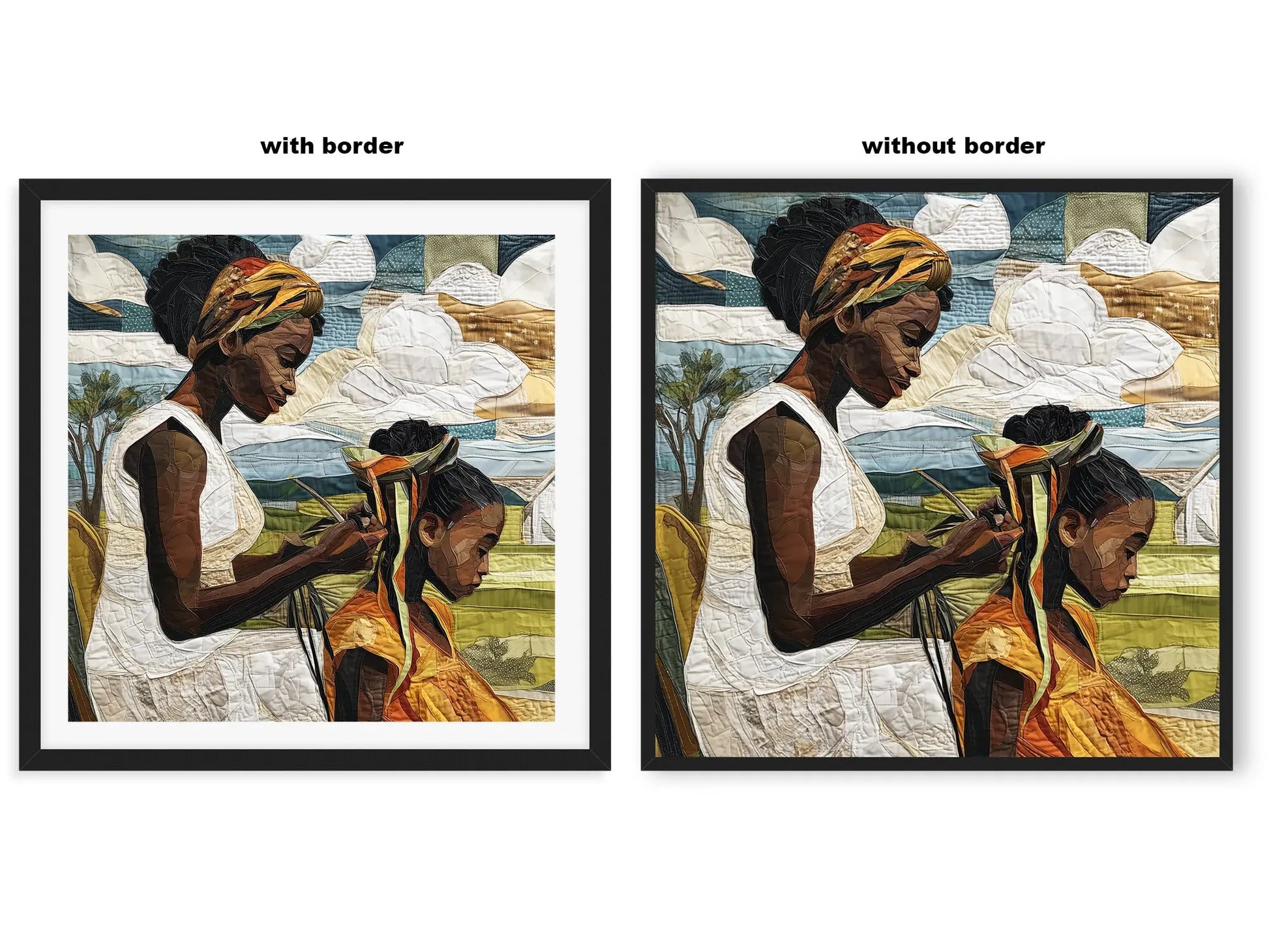 Black mother braiding her daughter’s natural hair outside under a sunny day.  Afrocentric art print showcasing hair care ritual, protective styling, and generational bonding.