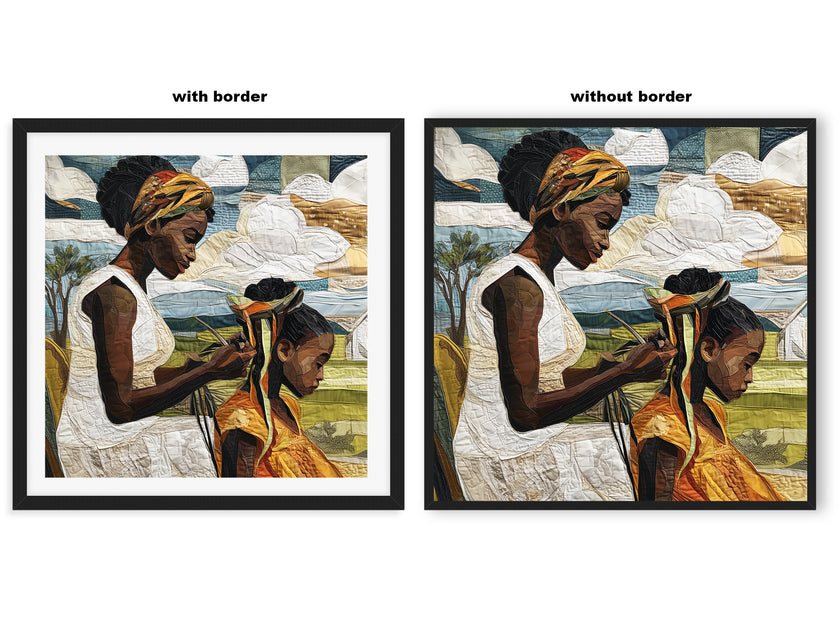 Black mother braiding her daughter’s natural hair outside under a sunny day.  Afrocentric art print showcasing hair care ritual, protective styling, and generational bonding.