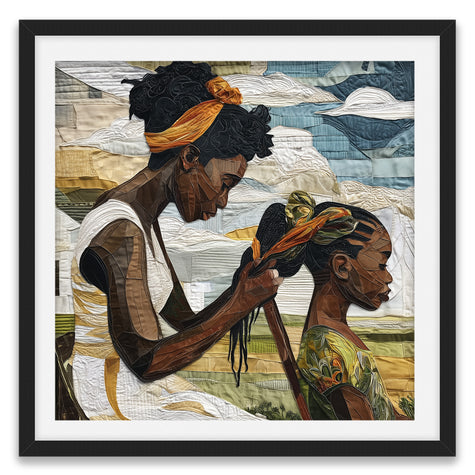 Black mother braiding her daughter’s hair sitting outside on a sunny day. Afrocentric art print showcasing hair care ritual, protective styling, and generational bonding.