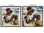 Black mother braiding her daughter’s hair sitting outside on a sunny day. Afrocentric art print showcasing hair care ritual, protective styling, and generational bonding.