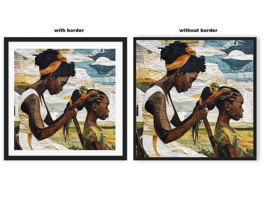 Black mother braiding her daughter’s hair sitting outside on a sunny day. Afrocentric art print showcasing hair care ritual, protective styling, and generational bonding.