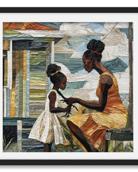 Black mother braiding her daughter’s hair sitting outside on a sunny day. Afrocentric art print showcasing hair care ritual, protective styling, and generational bonding.