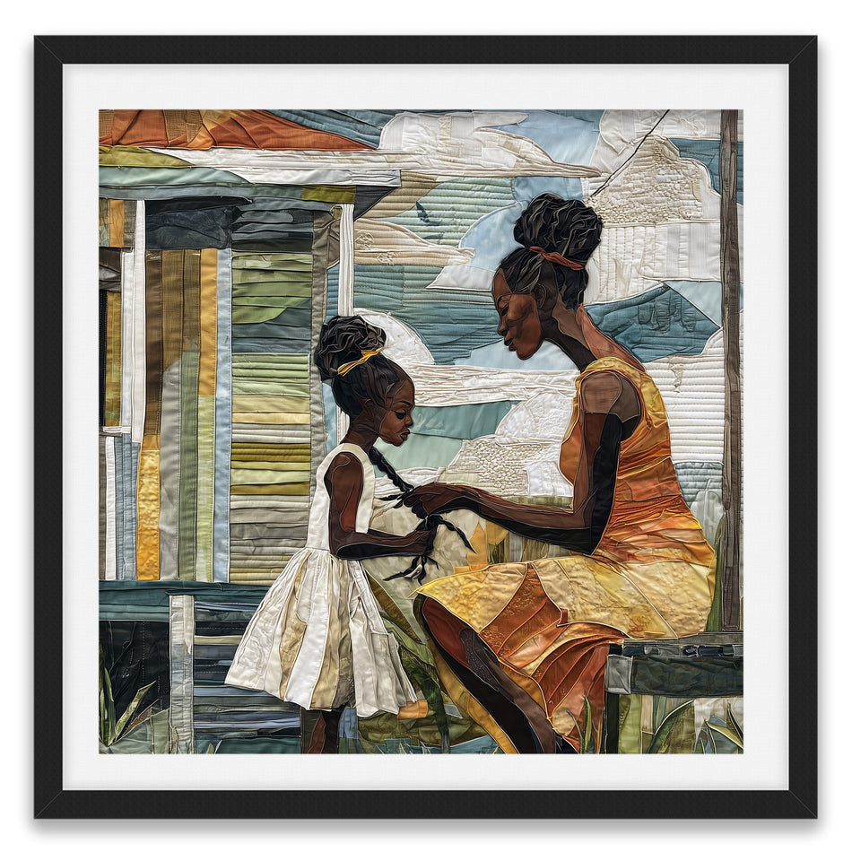 Black mother braiding her daughter’s hair sitting outside on a sunny day. Afrocentric art print showcasing hair care ritual, protective styling, and generational bonding.