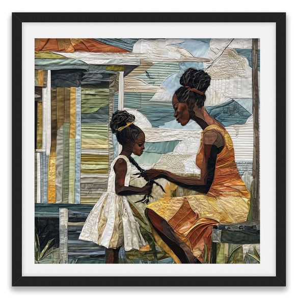 Black mother braiding her daughter’s hair sitting outside on a sunny day. Afrocentric art print showcasing hair care ritual, protective styling, and generational bonding.