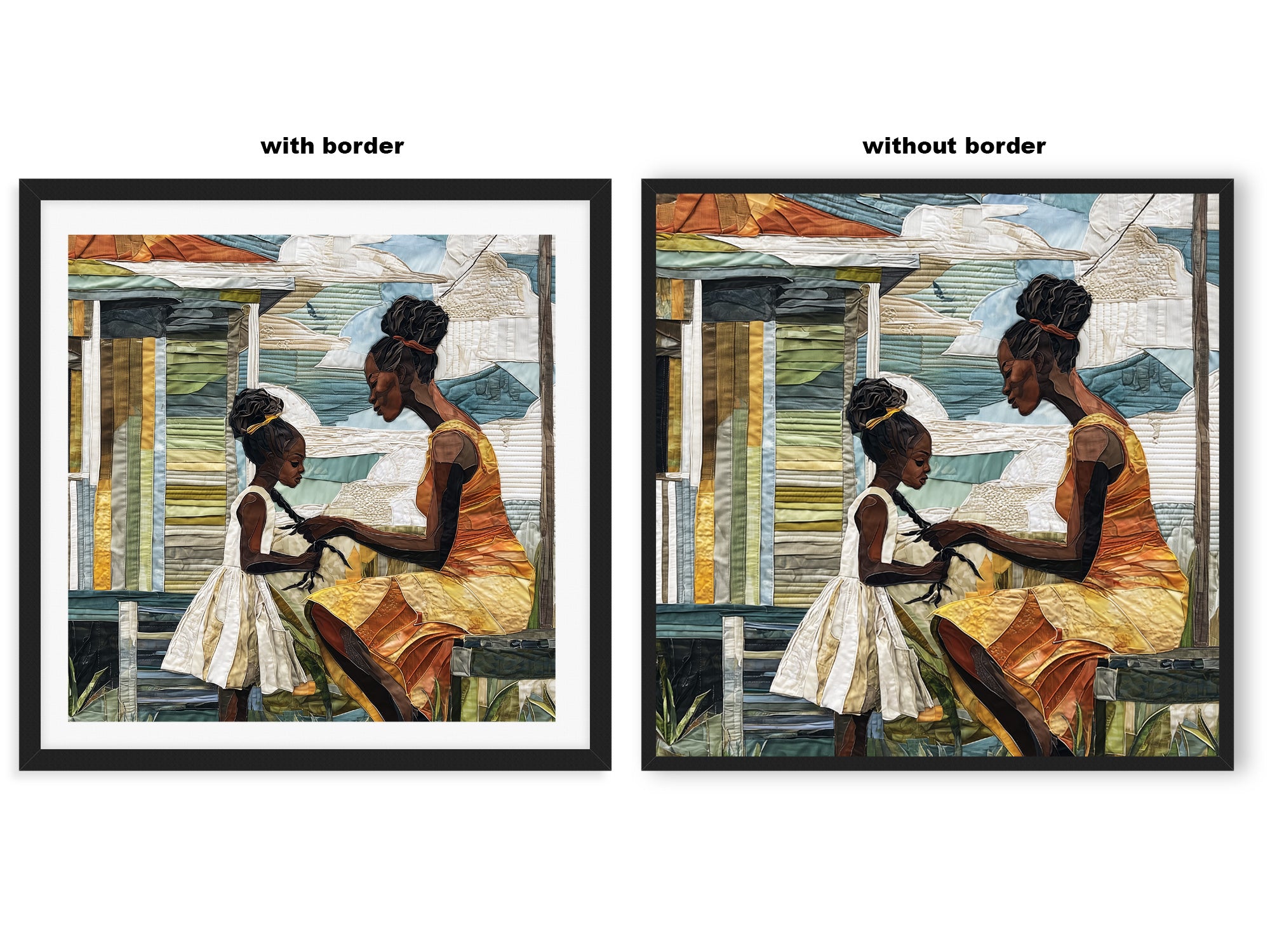 Black mother braiding her daughter’s hair sitting outside on a sunny day. Afrocentric art print showcasing hair care ritual, protective styling, and generational bonding.