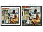 Black mother braiding her daughter’s hair sitting outside on a sunny day. Afrocentric art print showcasing hair care ritual, protective styling, and generational bonding.