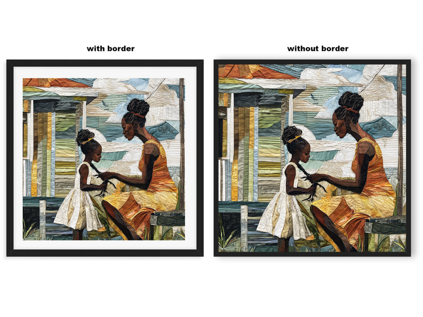Black mother braiding her daughter’s hair sitting outside on a sunny day. Afrocentric art print showcasing hair care ritual, protective styling, and generational bonding.