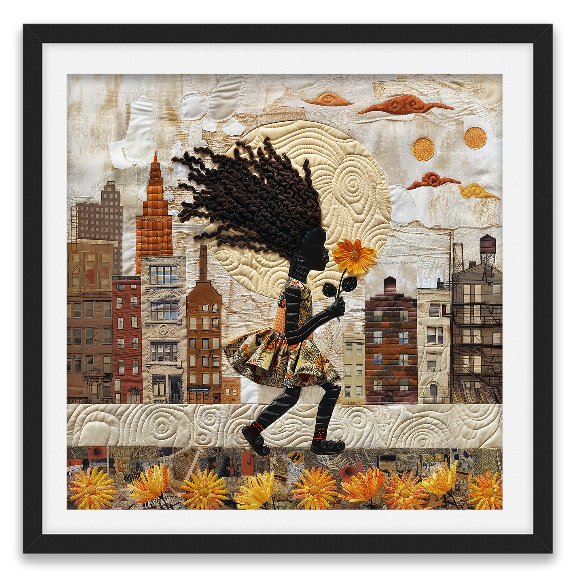 Young Black girl carrying a yellow sunflower while walking through Harlem, New York City. Her long braids blow in the wind as she passes historic brownstones. Afrocentric quilt collage artwork with textured 3D effect celebrating Black culture and childhood.