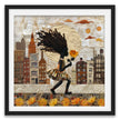 Young Black girl carrying a yellow sunflower while walking through Harlem, New York City. Her long braids blow in the wind as she passes historic brownstones. Afrocentric quilt collage artwork with textured 3D effect celebrating Black culture and childhood.
