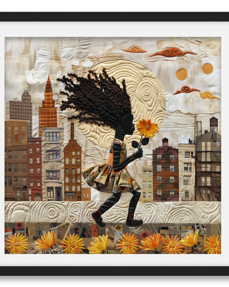 Young Black girl carrying a yellow sunflower while walking through Harlem, New York City. Her long braids blow in the wind as she passes historic brownstones. Afrocentric quilt collage artwork with textured 3D effect celebrating Black culture and childhood.