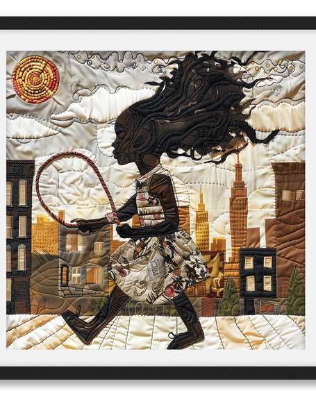 Illustration of a joyful young Black girl happily jumping rope outdoors, celebrating childhood innocence, freedom, playfulness, and Black Girl Joy through colorful Afrocentric artwork.