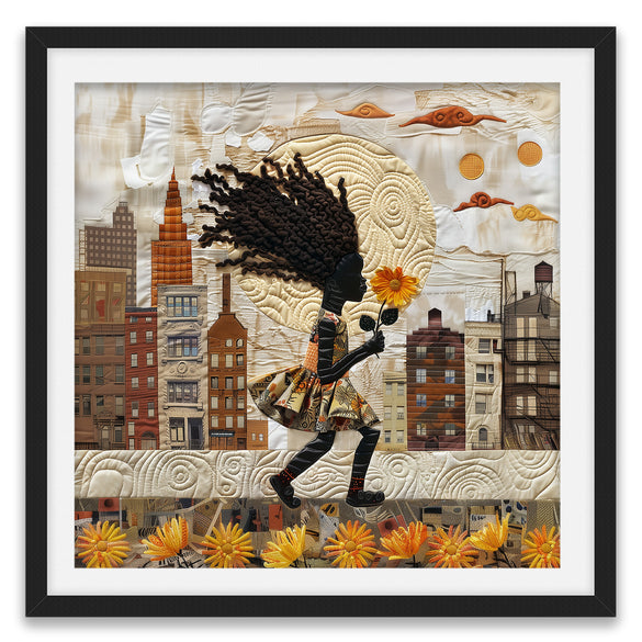 Young Black girl carrying a yellow sunflower while walking through Harlem, New York City. Her long braids blow in the wind as she passes historic brownstones. Afrocentric quilt collage artwork with textured 3D effect celebrating Black culture and childhood.