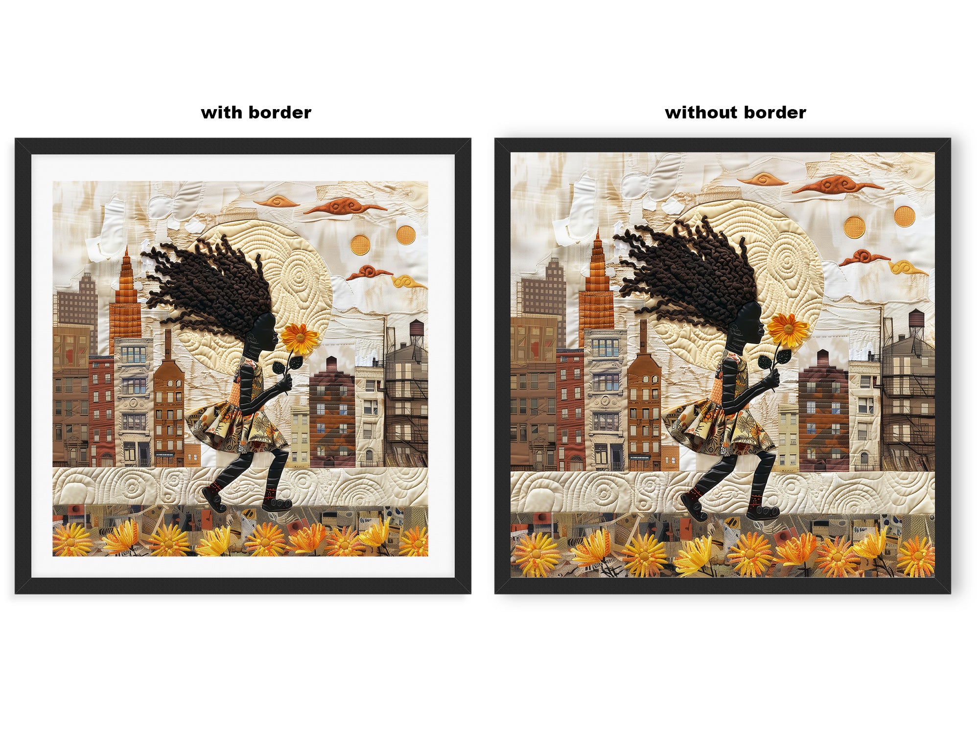 Young Black girl carrying a yellow sunflower while walking through Harlem, New York City. Her long braids blow in the wind as she passes historic brownstones. Afrocentric quilt collage artwork with textured 3D effect celebrating Black culture and childhood.