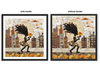 Young Black girl carrying a yellow sunflower while walking through Harlem, New York City. Her long braids blow in the wind as she passes historic brownstones. Afrocentric quilt collage artwork with textured 3D effect celebrating Black culture and childhood.