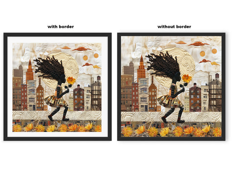 Young Black girl carrying a yellow sunflower while walking through Harlem, New York City. Her long braids blow in the wind as she passes historic brownstones. Afrocentric quilt collage artwork with textured 3D effect celebrating Black culture and childhood.