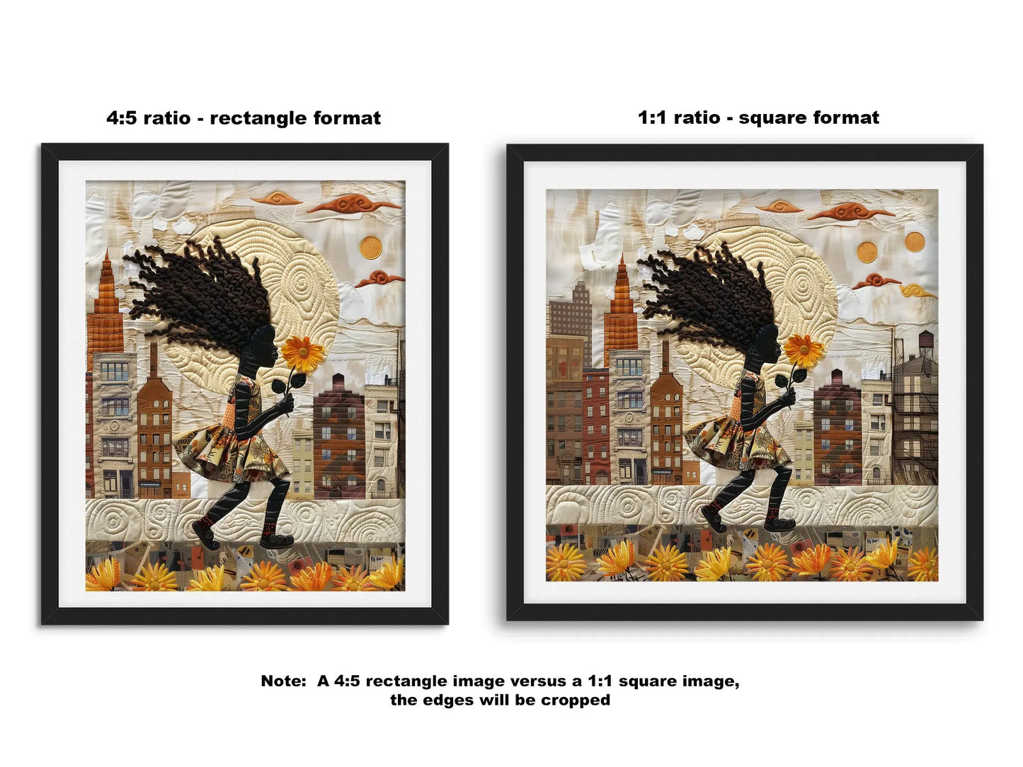 Young Black girl carrying a yellow sunflower while walking through Harlem, New York City. Her long braids blow in the wind as she passes historic brownstones. Afrocentric quilt collage artwork with textured 3D effect celebrating Black culture and childhood.