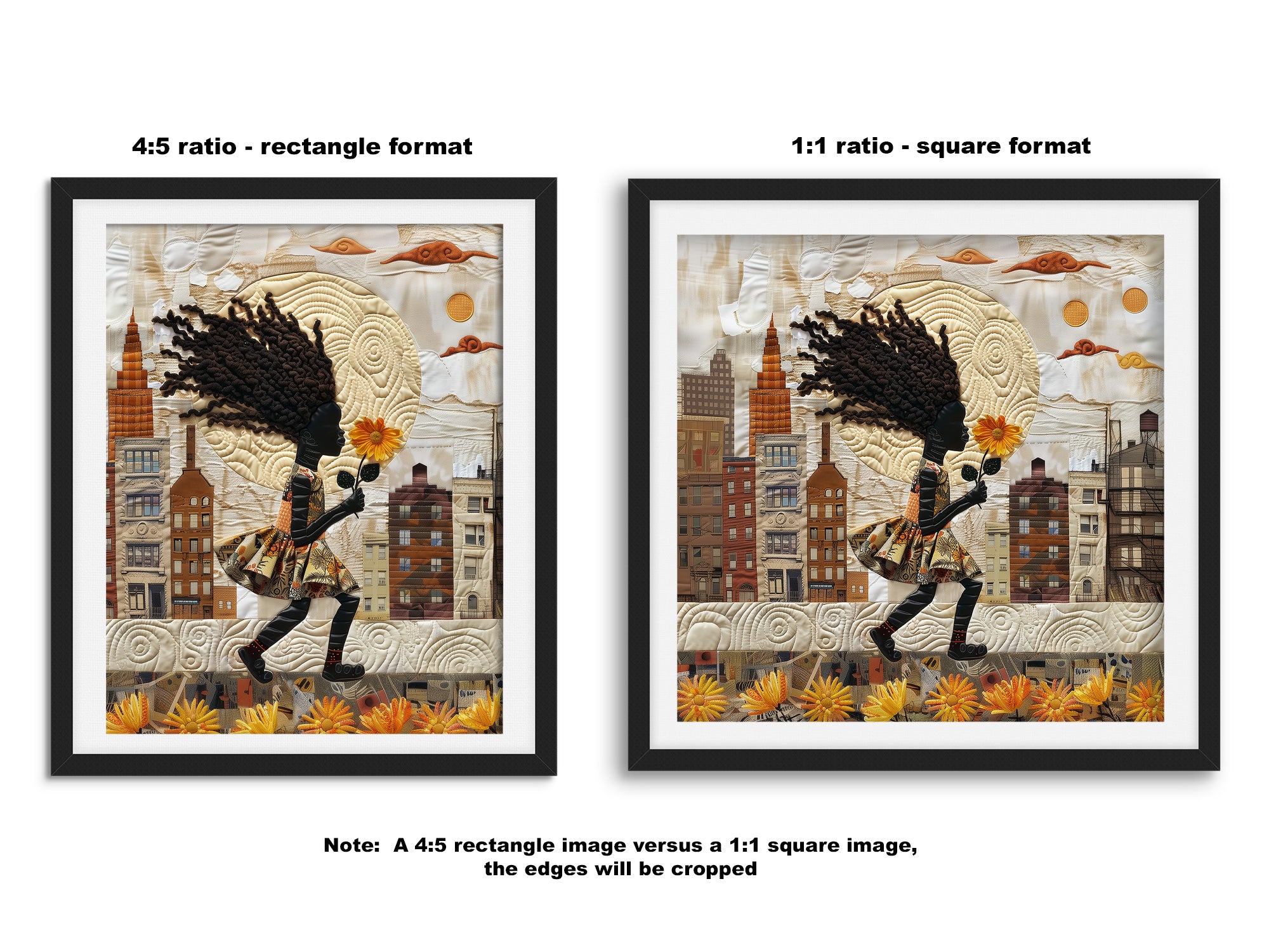 Young Black girl carrying a yellow sunflower while walking through Harlem, New York City. Her long braids blow in the wind as she passes historic brownstones. Afrocentric quilt collage artwork with textured 3D effect celebrating Black culture and childhood.