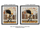 Young Black girl carrying a yellow sunflower while walking through Harlem, New York City. Her long braids blow in the wind as she passes historic brownstones. Afrocentric quilt collage artwork with textured 3D effect celebrating Black culture and childhood.