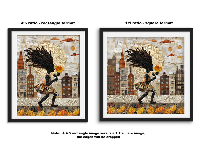 Young Black girl carrying a yellow sunflower while walking through Harlem, New York City. Her long braids blow in the wind as she passes historic brownstones. Afrocentric quilt collage artwork with textured 3D effect celebrating Black culture and childhood.