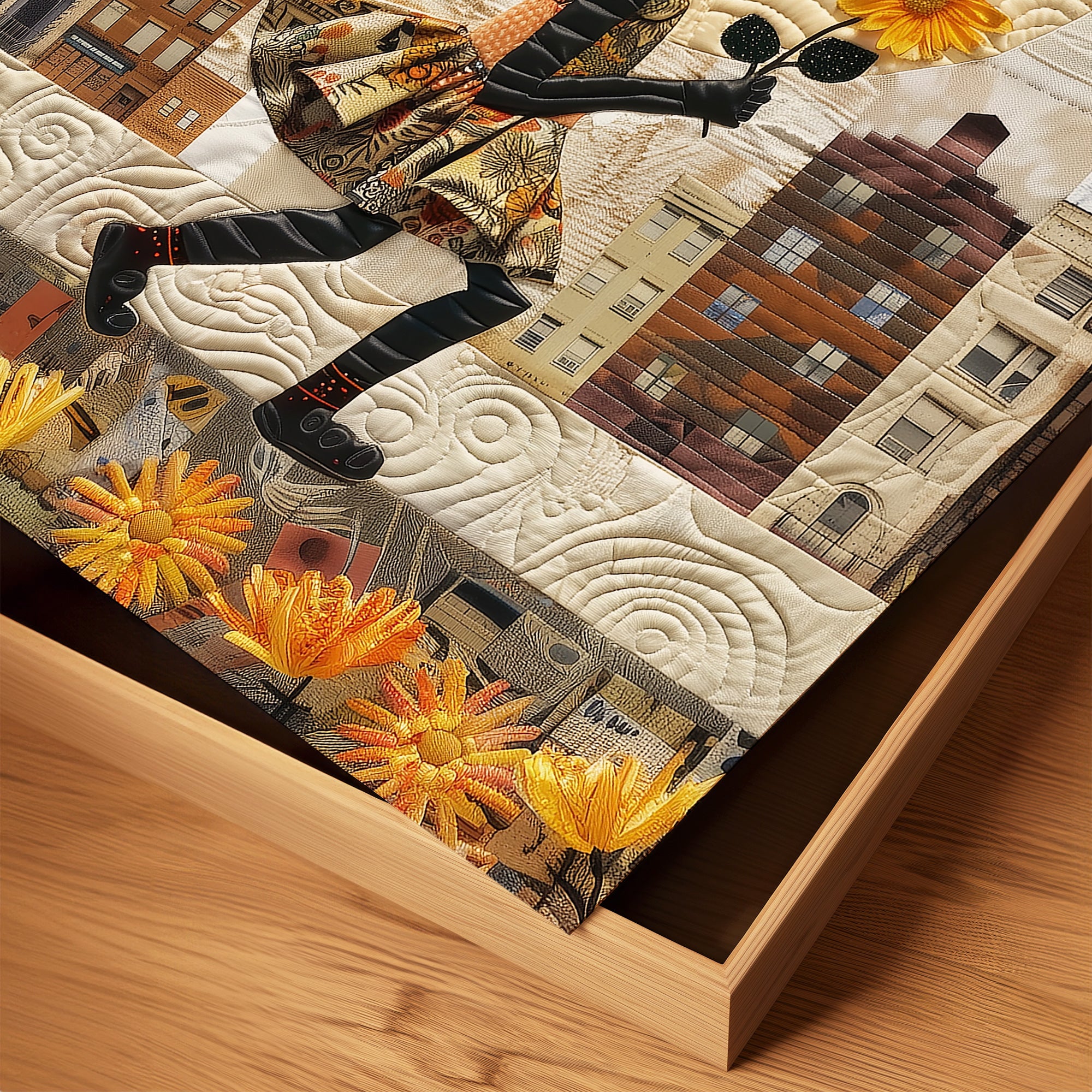 Young Black girl carrying a yellow sunflower while walking through Harlem, New York City. Her long braids blow in the wind as she passes historic brownstones. Afrocentric quilt collage artwork with textured 3D effect celebrating Black culture and childhood.