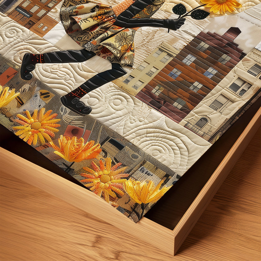 Young Black girl carrying a yellow sunflower while walking through Harlem, New York City. Her long braids blow in the wind as she passes historic brownstones. Afrocentric quilt collage artwork with textured 3D effect celebrating Black culture and childhood.