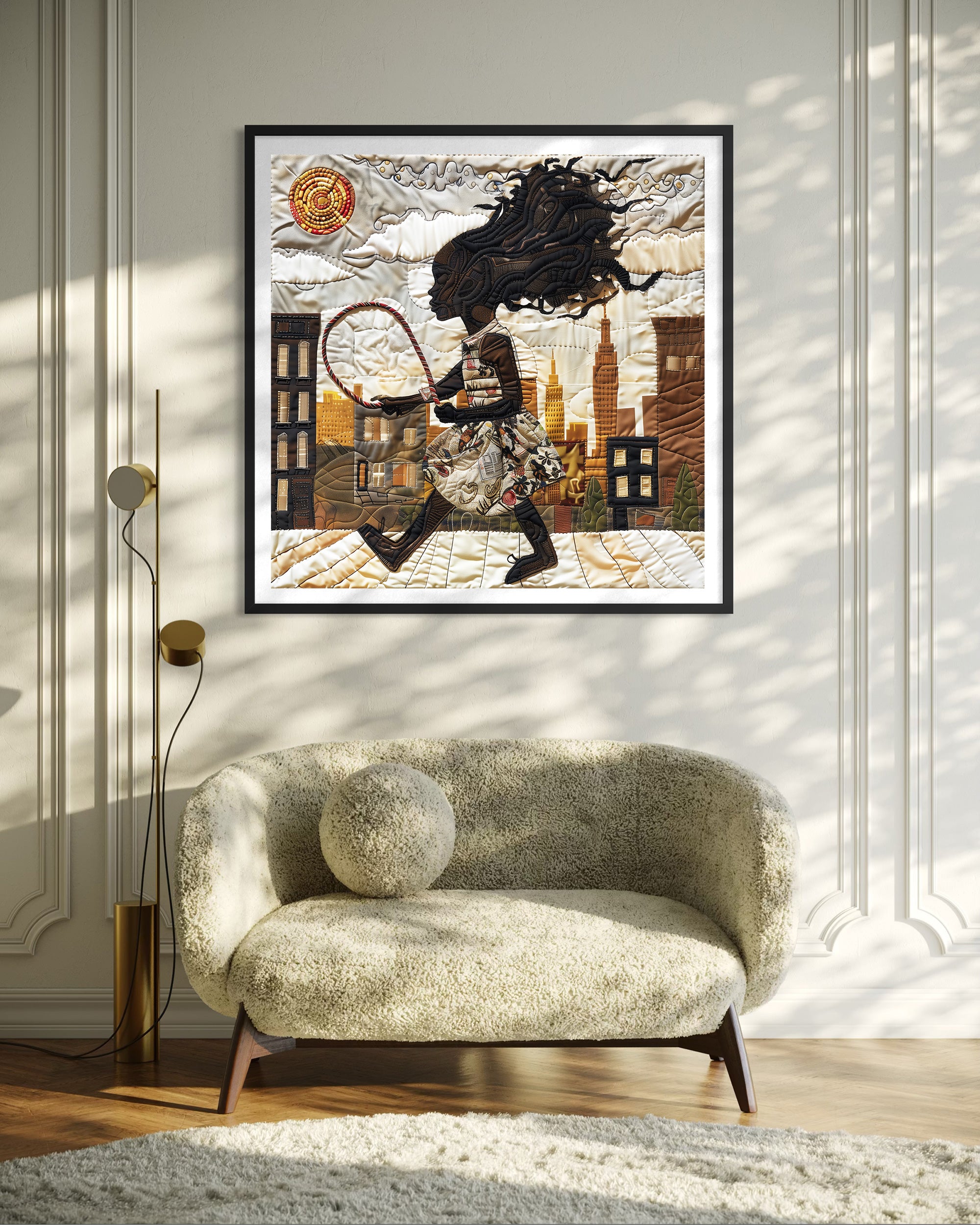 Illustration of a joyful young Black girl happily jumping rope outdoors, celebrating childhood innocence, freedom, playfulness, and Black Girl Joy through colorful Afrocentric artwork.