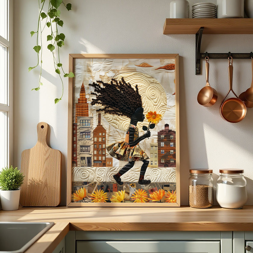 Young Black girl carrying a yellow sunflower while walking through Harlem, New York City. Her long braids blow in the wind as she passes historic brownstones. Afrocentric quilt collage artwork with textured 3D effect celebrating Black culture and childhood.