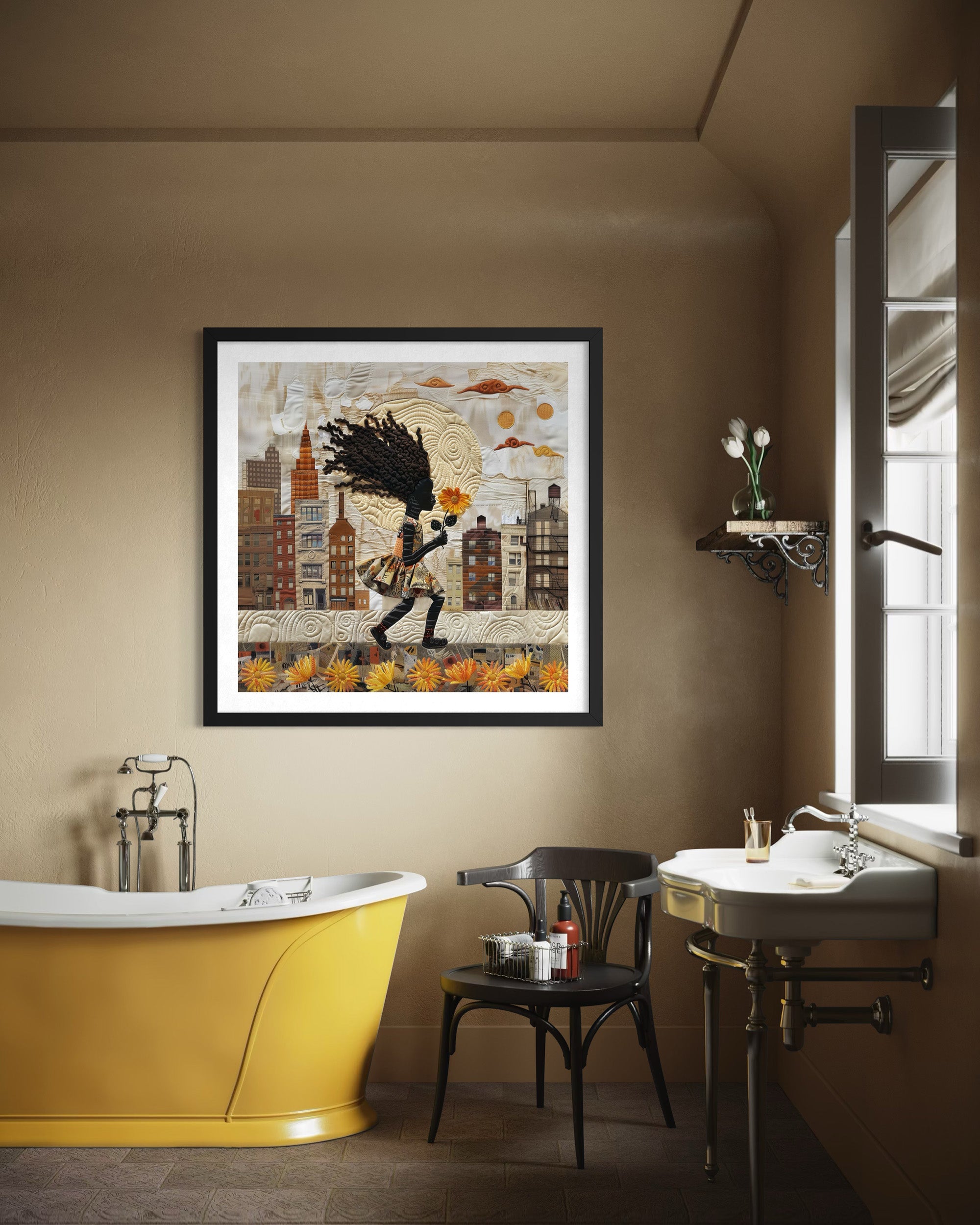 Young Black girl carrying a yellow sunflower while walking through Harlem, New York City. Her long braids blow in the wind as she passes historic brownstones. Afrocentric quilt collage artwork with textured 3D effect celebrating Black culture and childhood.