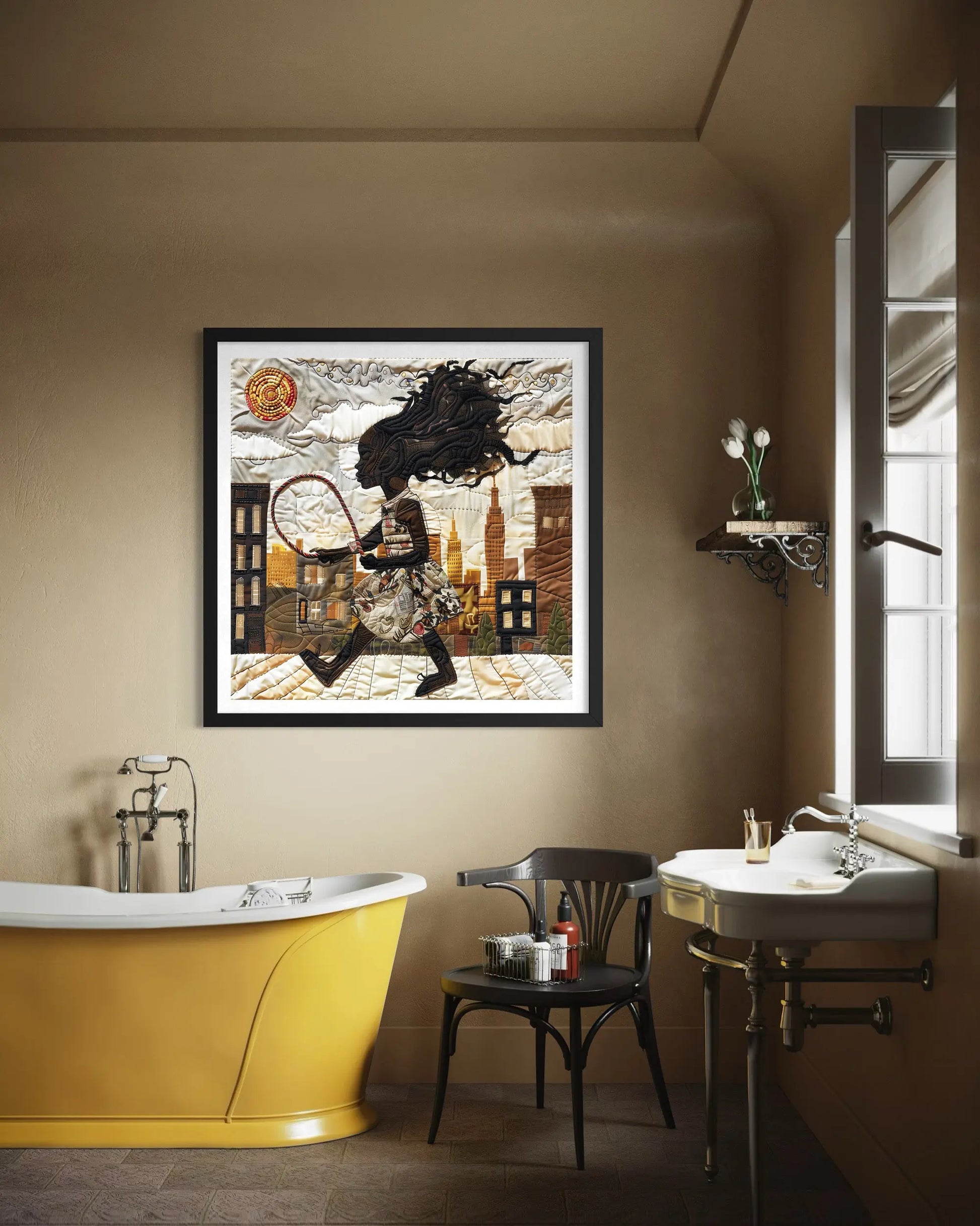 Illustration of a joyful young Black girl happily jumping rope outdoors, celebrating childhood innocence, freedom, playfulness, and Black Girl Joy through colorful Afrocentric artwork.